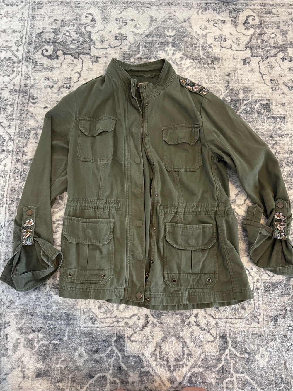 Democracy Olive Utility Jacket with Floral Embroidered Trim